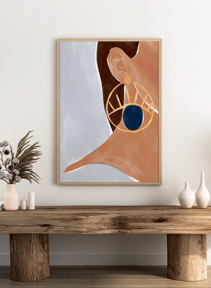 Evil Eye Earring by Ivy Green is a modern illustration art print featuring a bold evil eye earring and minimalist portrait style. Premium fine art print with optional wood framing.