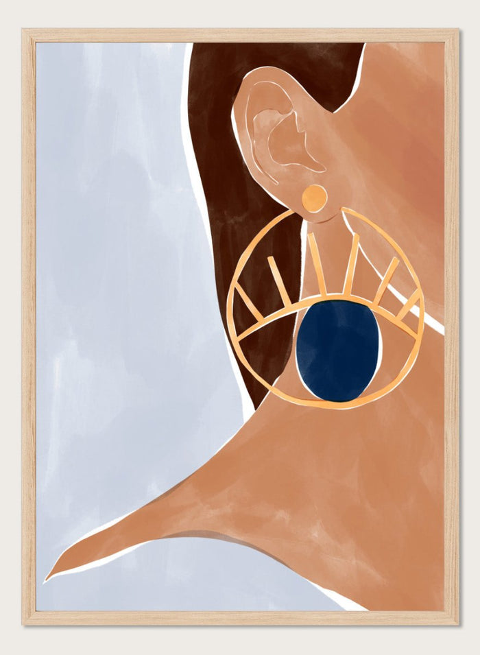 Evil Eye Earring by Ivy Green is a modern illustration art print featuring a bold evil eye earring and minimalist portrait style. Premium fine art print with optional wood framing.