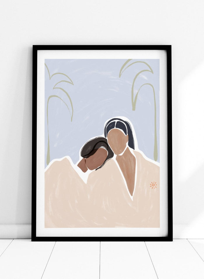 Girlfriends by Ivy Green is a modern figurative art print showing two women sharing a quiet, intimate moment. Premium fine art print with optional wood framing.