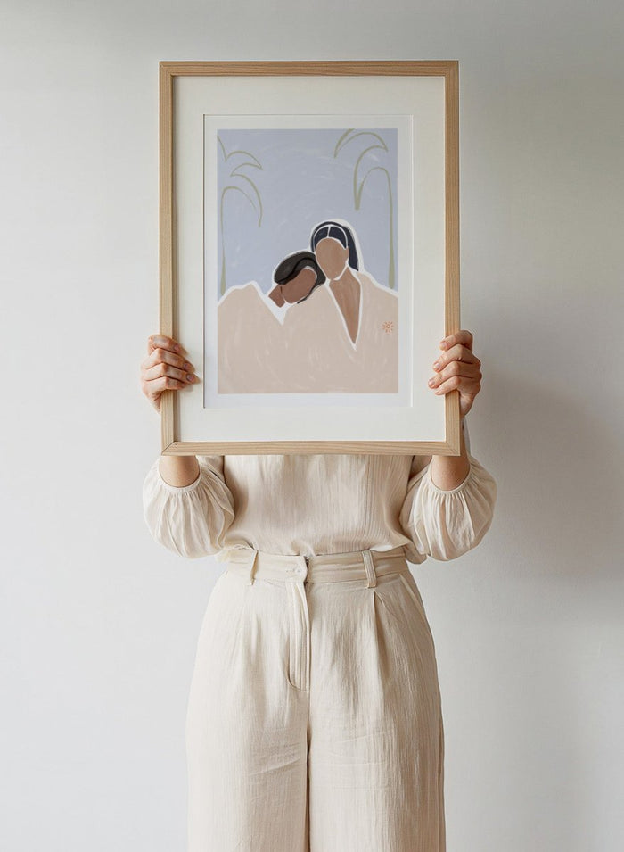 Girlfriends by Ivy Green is a modern figurative art print showing two women sharing a quiet, intimate moment. Premium fine art print with optional wood framing.