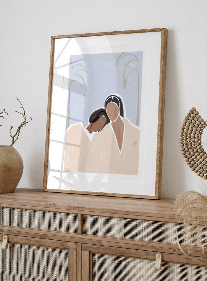 Girlfriends by Ivy Green is a modern figurative art print showing two women sharing a quiet, intimate moment. Premium fine art print with optional wood framing.