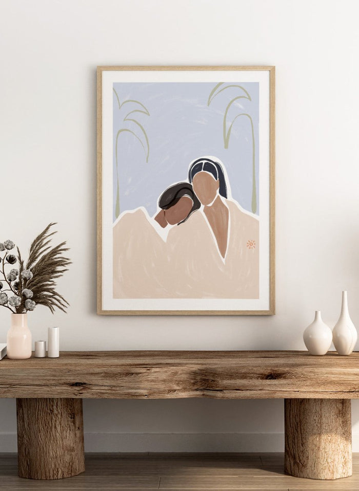 Girlfriends by Ivy Green is a modern figurative art print showing two women sharing a quiet, intimate moment. Premium fine art print with optional wood framing.