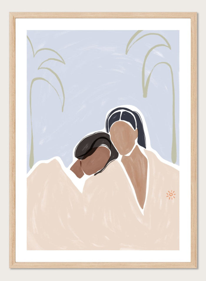 Girlfriends by Ivy Green is a modern figurative art print showing two women sharing a quiet, intimate moment. Premium fine art print with optional wood framing.