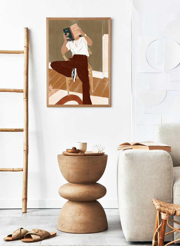 How To Save the Planet by Ivy Green is a modern lifestyle art print featuring a woman reading in a cozy interior. Premium fine art print with optional wood framing.