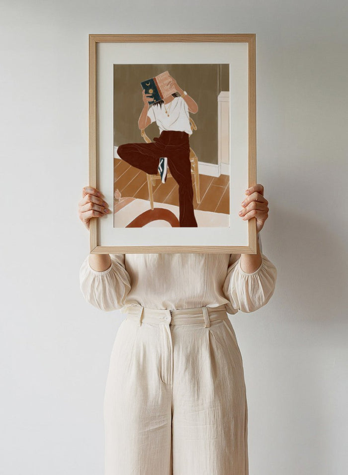 How To Save the Planet by Ivy Green is a modern lifestyle art print featuring a woman reading in a cozy interior. Premium fine art print with optional wood framing.