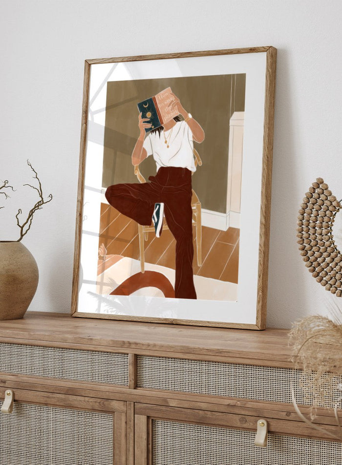 How To Save the Planet by Ivy Green is a modern lifestyle art print featuring a woman reading in a cozy interior. Premium fine art print with optional wood framing.