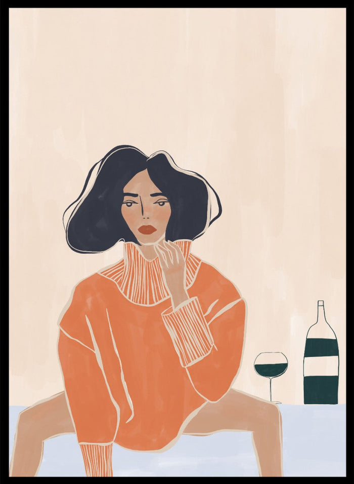 It’s a Mood by Ivy Green is a modern illustration art print featuring a woman seated at a table with wine. Premium fine art print with optional wood framing.