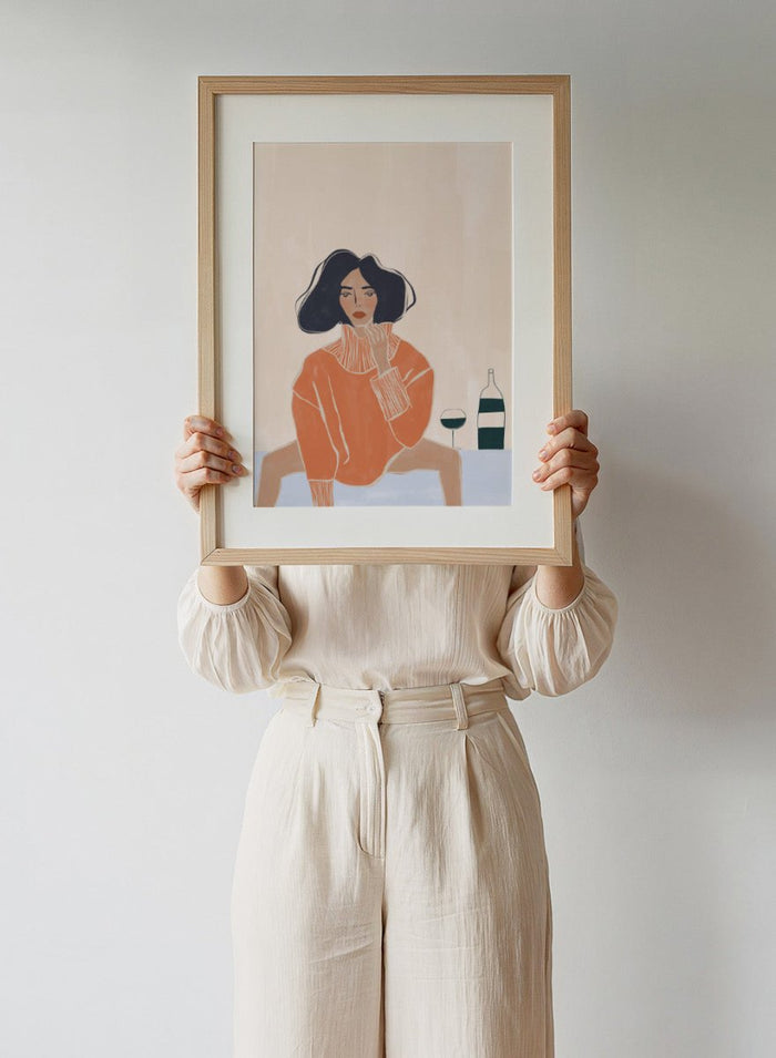 It’s a Mood by Ivy Green is a modern illustration art print featuring a woman seated at a table with wine. Premium fine art print with optional wood framing.
