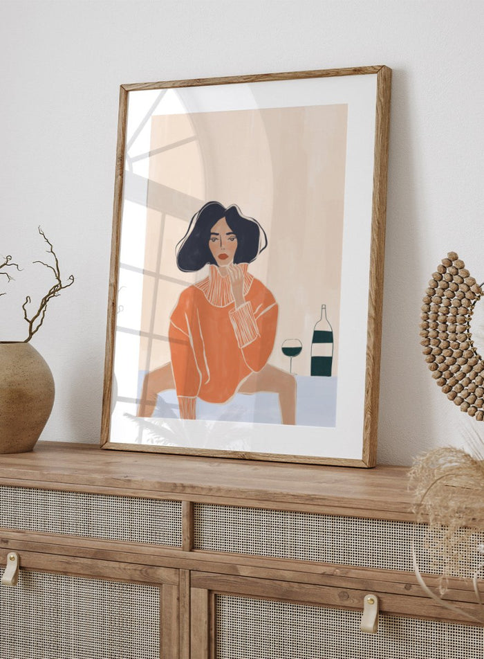 It’s a Mood by Ivy Green is a modern illustration art print featuring a woman seated at a table with wine. Premium fine art print with optional wood framing.