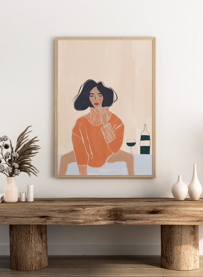 It’s a Mood by Ivy Green is a modern illustration art print featuring a woman seated at a table with wine. Premium fine art print with optional wood framing.