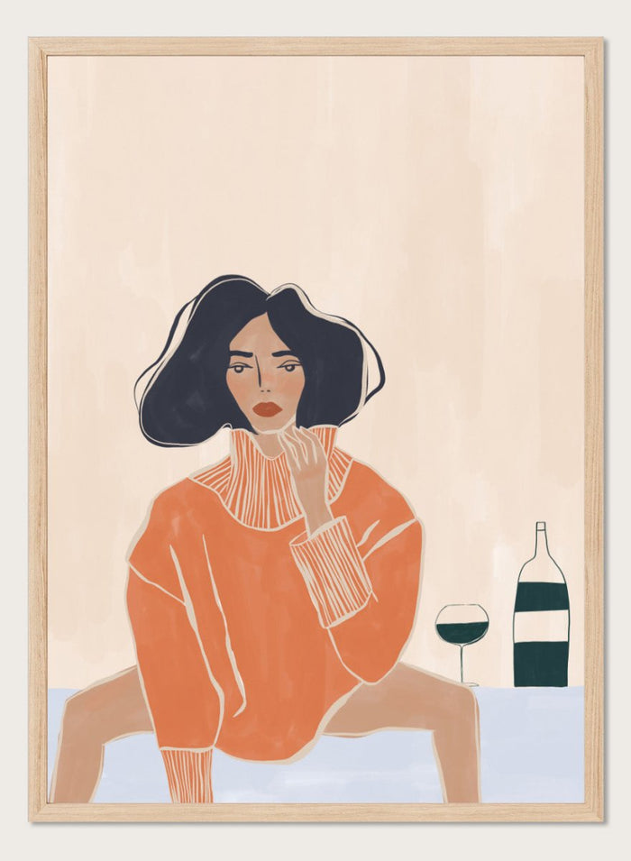 It’s a Mood by Ivy Green is a modern illustration art print featuring a woman seated at a table with wine. Premium fine art print with optional wood framing.