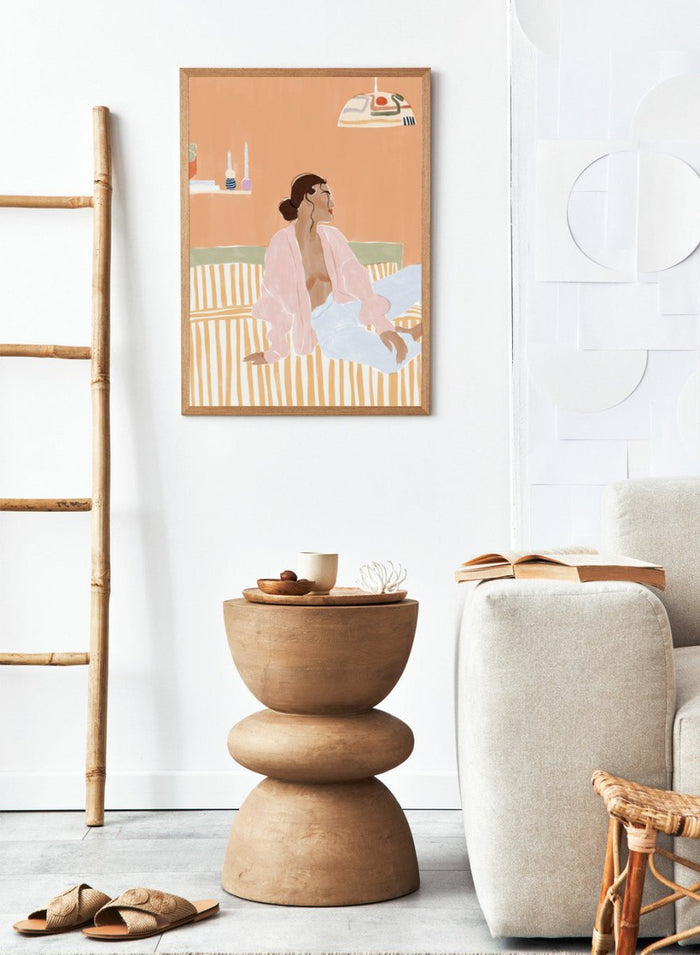 Just Let Me Chill by Ivy Green is a modern lifestyle art print featuring a relaxed woman on a sofa in warm tones. Premium fine art print with optional wood framing.