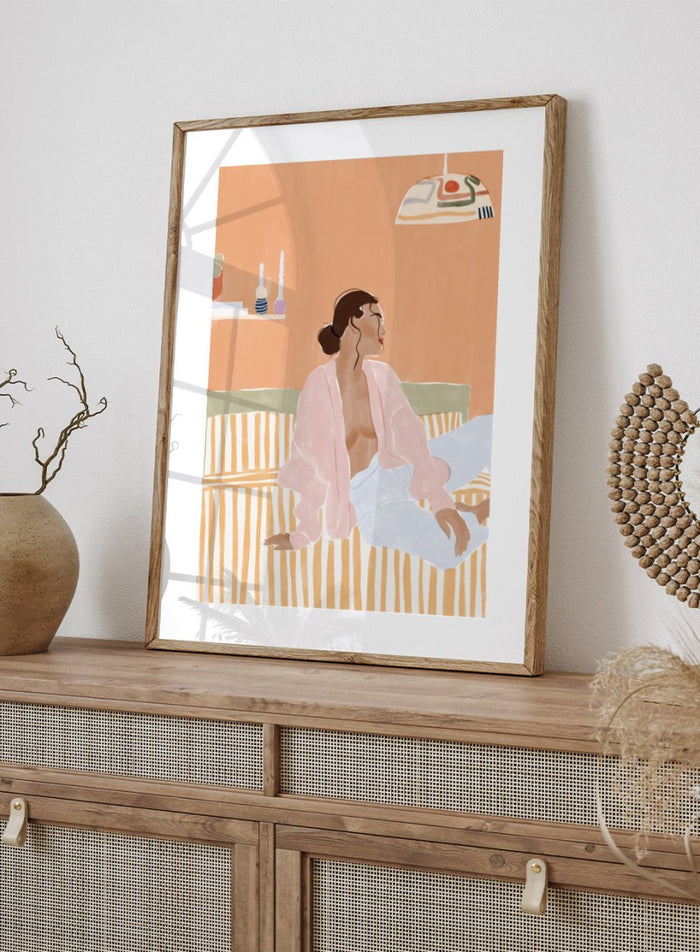 Just Let Me Chill by Ivy Green is a modern lifestyle art print featuring a relaxed woman on a sofa in warm tones. Premium fine art print with optional wood framing.