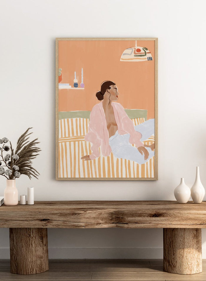 Just Let Me Chill by Ivy Green is a modern lifestyle art print featuring a relaxed woman on a sofa in warm tones. Premium fine art print with optional wood framing.