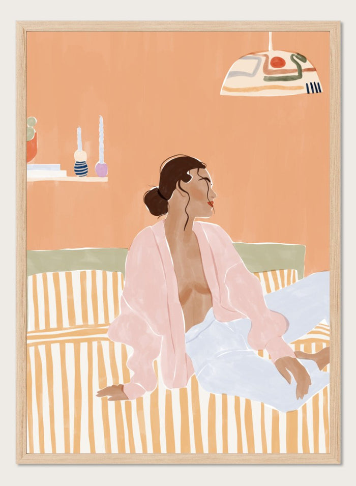 Just Let Me Chill by Ivy Green is a modern lifestyle art print featuring a relaxed woman on a sofa in warm tones. Premium fine art print with optional wood framing.