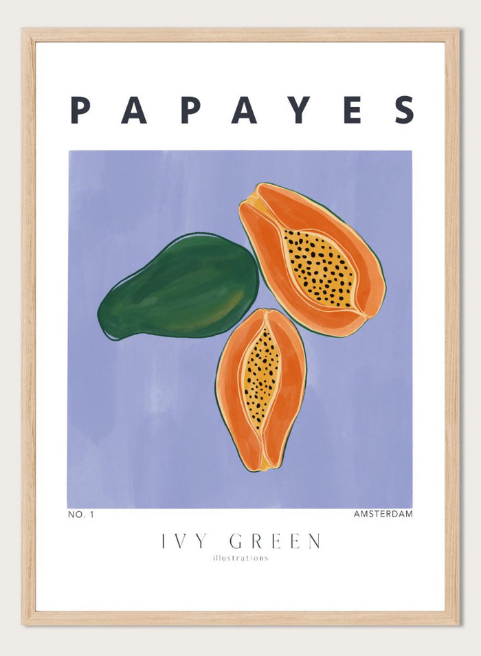 Illustration of papayas and a leaf on a blue background with 'Papayes' text at the top. Papayes by Ivy Green fruit art print featuring papaya illustration, modern food poster design, and colorful contemporary kitchen wall art.