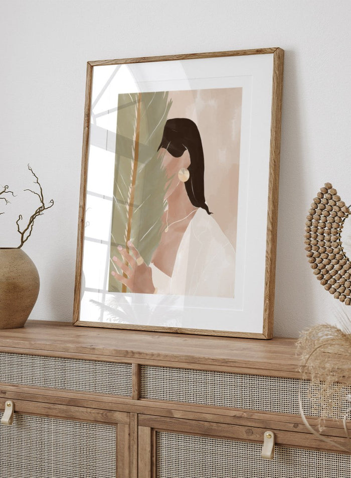 Plant Girl by Ivy Green is a modern illustration art print featuring a woman and soft botanical elements. Premium fine art print with optional wood framing.