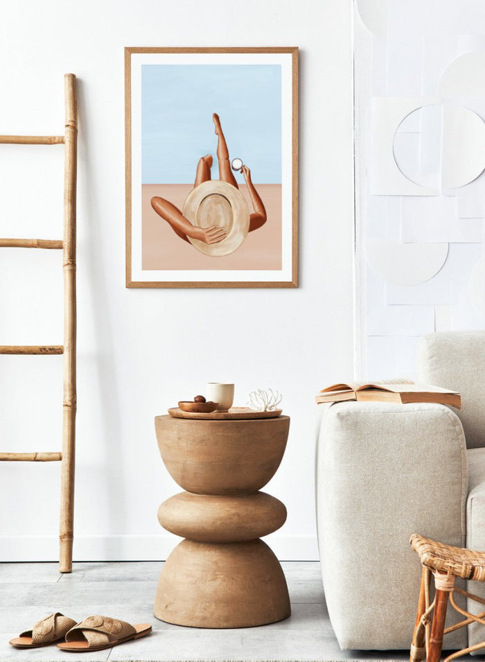 Poolside Girl by Ivy Green is a modern illustration art print featuring a woman relaxing poolside in the sun. Premium fine art print with optional wood framing.