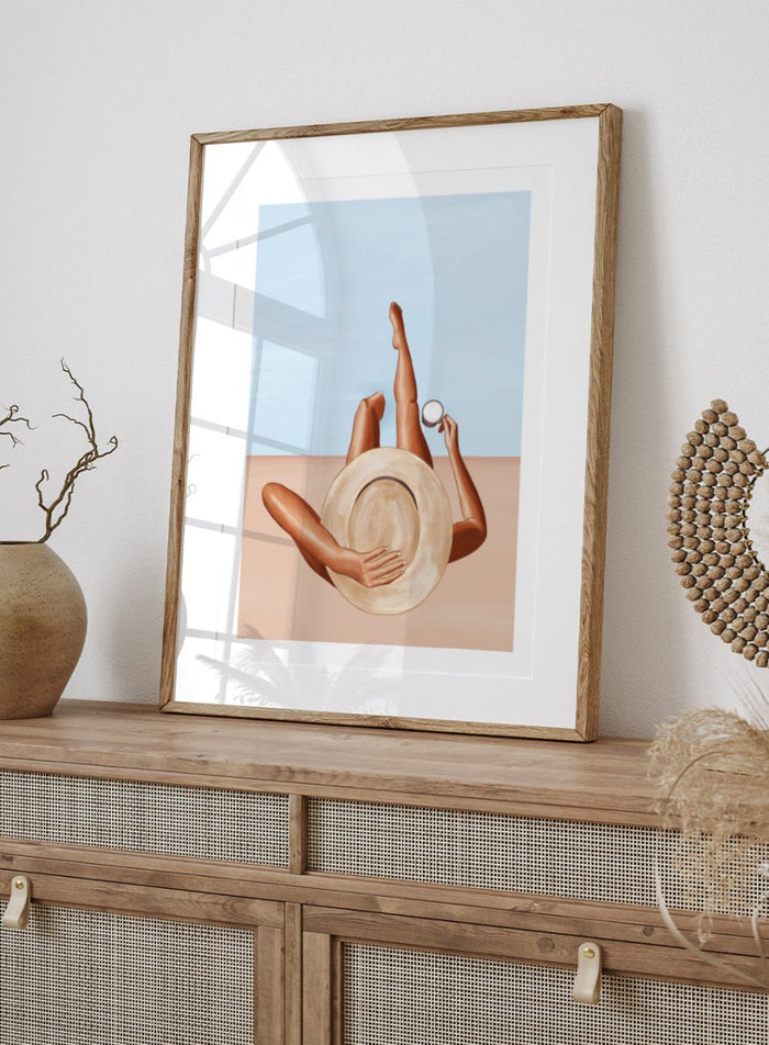 Poolside Girl by Ivy Green is a modern illustration art print featuring a woman relaxing poolside in the sun. Premium fine art print with optional wood framing.