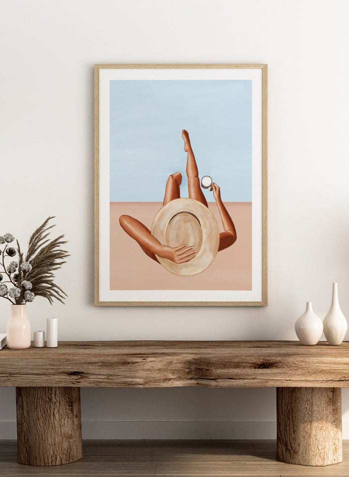 Poolside Girl by Ivy Green is a modern illustration art print featuring a woman relaxing poolside in the sun. Premium fine art print with optional wood framing.