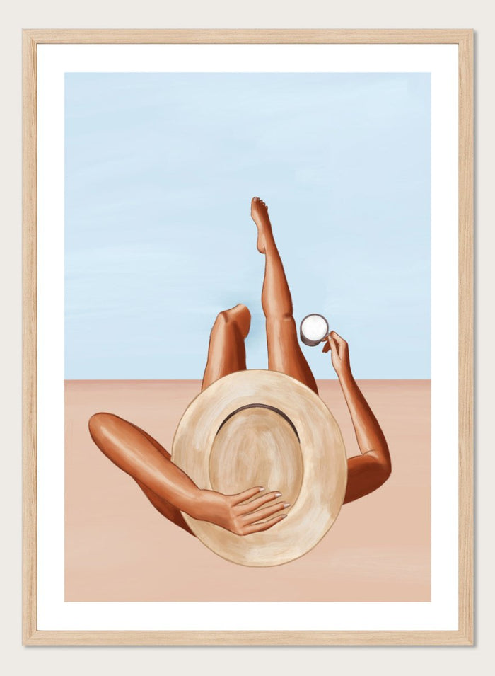 Poolside Girl by Ivy Green is a modern illustration art print featuring a woman relaxing poolside in the sun. Premium fine art print with optional wood framing.