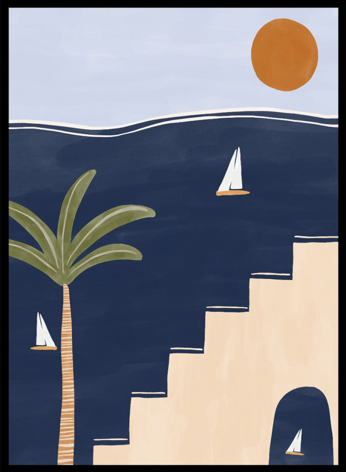 Sailboats by Ivy Green is a modern coastal art print featuring sailboats on deep blue water with palm trees and sun. Premium fine art print with optional wood framing.