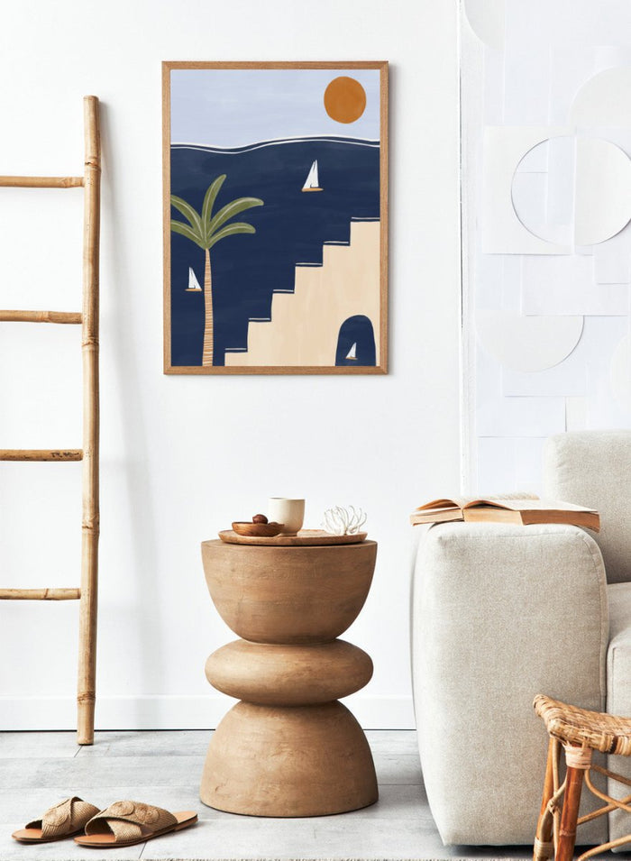 Sailboats by Ivy Green is a modern coastal art print featuring sailboats on deep blue water with palm trees and sun. Premium fine art print with optional wood framing.