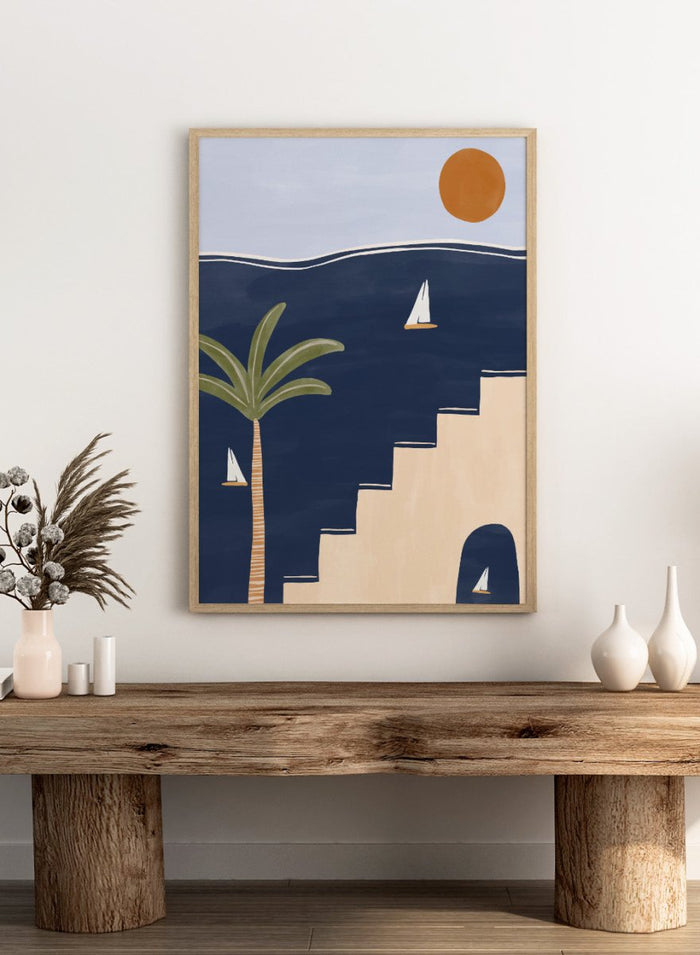 Sailboats by Ivy Green is a modern coastal art print featuring sailboats on deep blue water with palm trees and sun. Premium fine art print with optional wood framing.