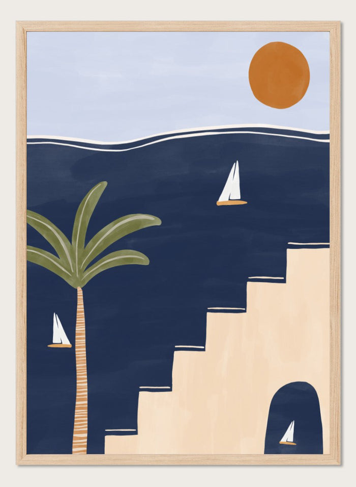Sailboats by Ivy Green is a modern coastal art print featuring sailboats on deep blue water with palm trees and sun. Premium fine art print with optional wood framing.