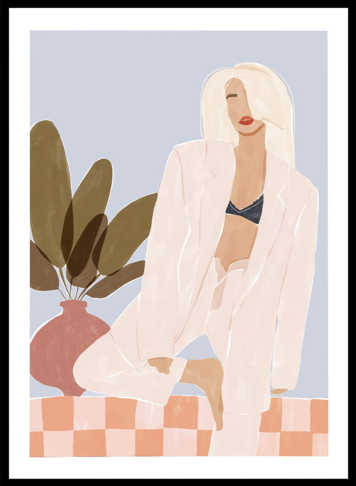 Too Lazy To Yoga by Ivy Green is a contemporary illustration art print featuring a relaxed woman in a minimalist interior. Premium fine art print with real wood framing.