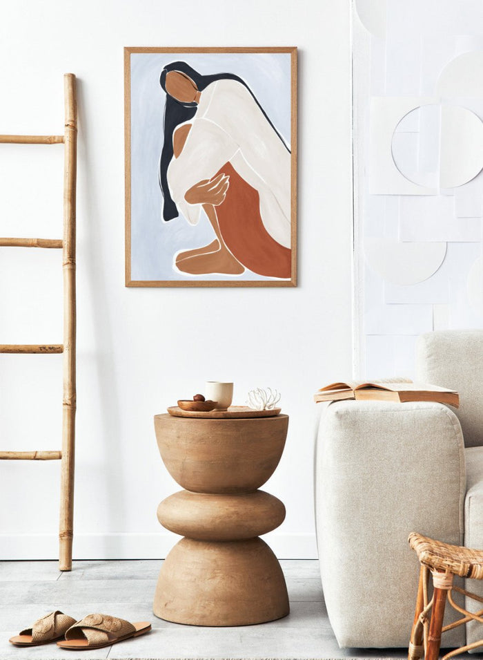 Woman Embracing Herself by Ivy Green is a modern illustration art print celebrating self love and calm emotion. Premium fine art print with optional wood framing.