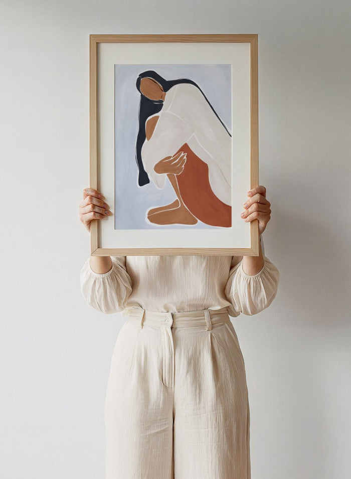 Woman Embracing Herself by Ivy Green is a modern illustration art print celebrating self love and calm emotion. Premium fine art print with optional wood framing.