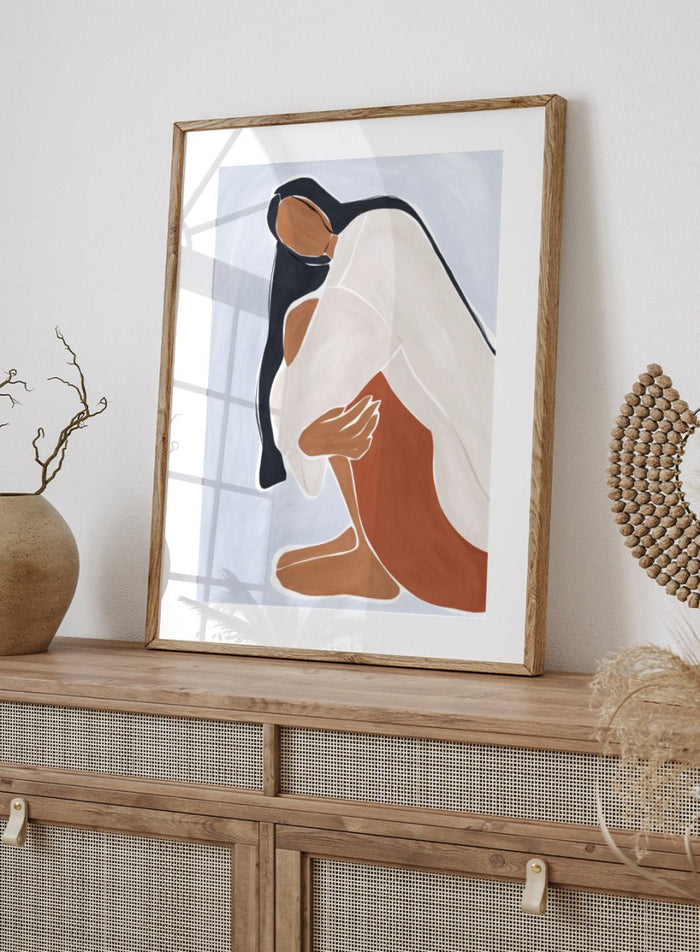 Woman Embracing Herself by Ivy Green is a modern illustration art print celebrating self love and calm emotion. Premium fine art print with optional wood framing.