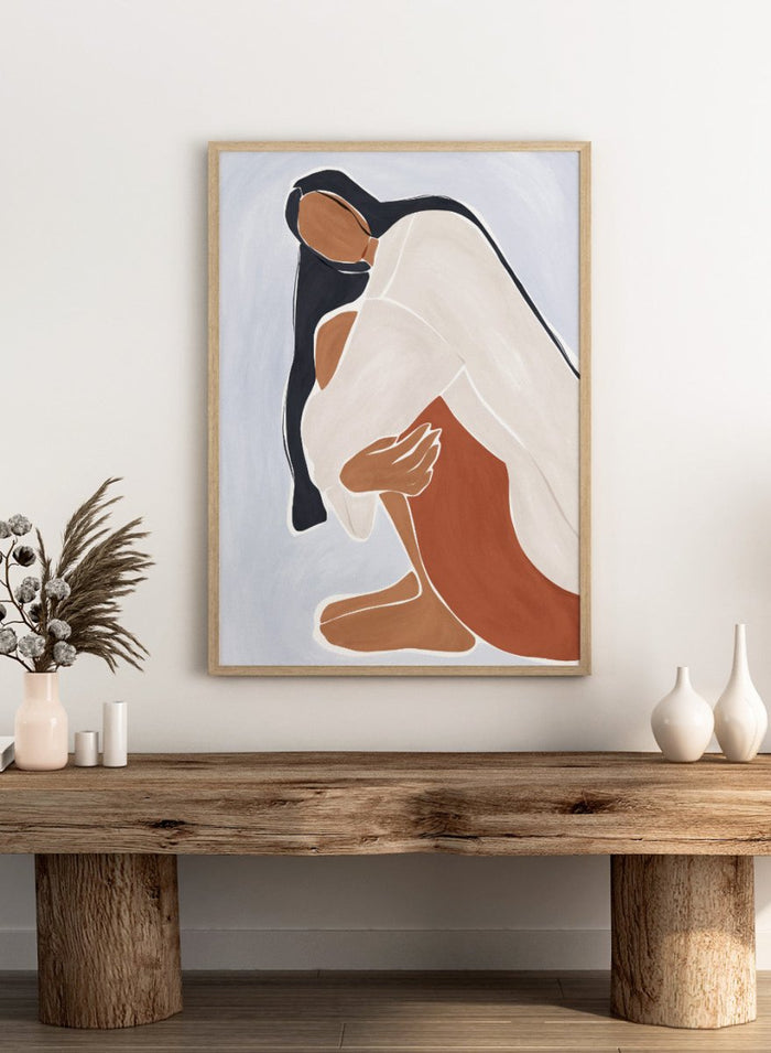 Woman Embracing Herself by Ivy Green is a modern illustration art print celebrating self love and calm emotion. Premium fine art print with optional wood framing.