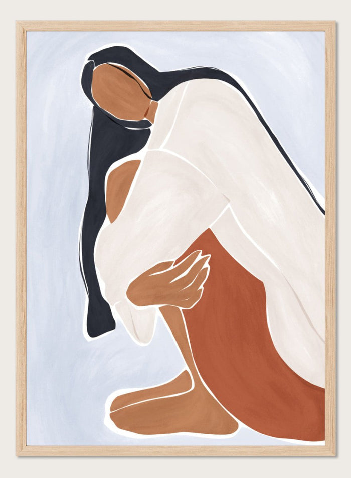 Woman Embracing Herself by Ivy Green is a modern illustration art print celebrating self love and calm emotion. Premium fine art print with optional wood framing.