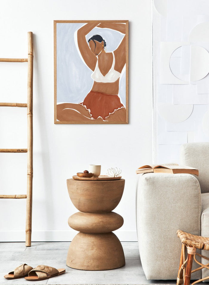 Yoga in Bikini by Ivy Green is a modern illustration art print featuring a relaxed yoga pose and minimalist female figure. Premium fine art print with optional wood framing.