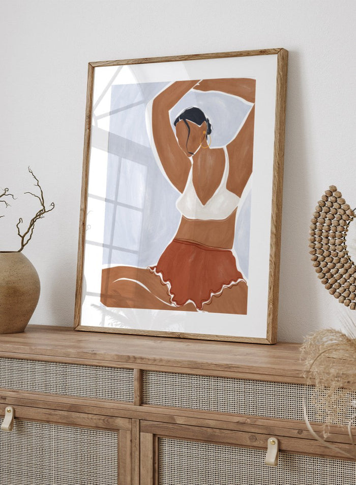 Yoga in Bikini by Ivy Green is a modern illustration art print featuring a relaxed yoga pose and minimalist female figure. Premium fine art print with optional wood framing.