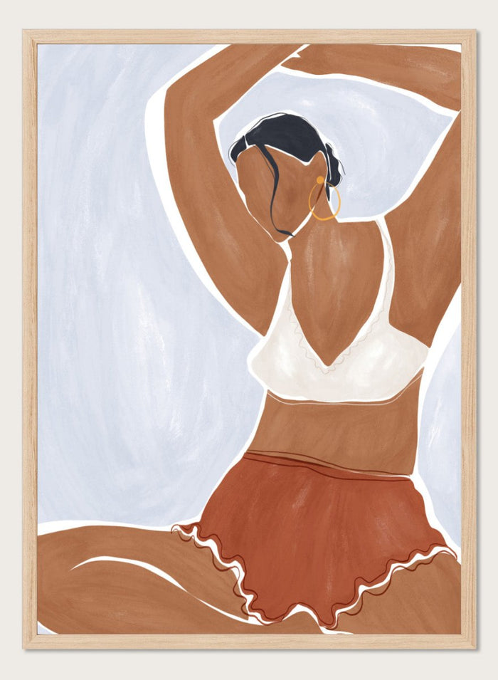 Yoga in Bikini by Ivy Green is a modern illustration art print featuring a relaxed yoga pose and minimalist female figure. Premium fine art print with optional wood framing.