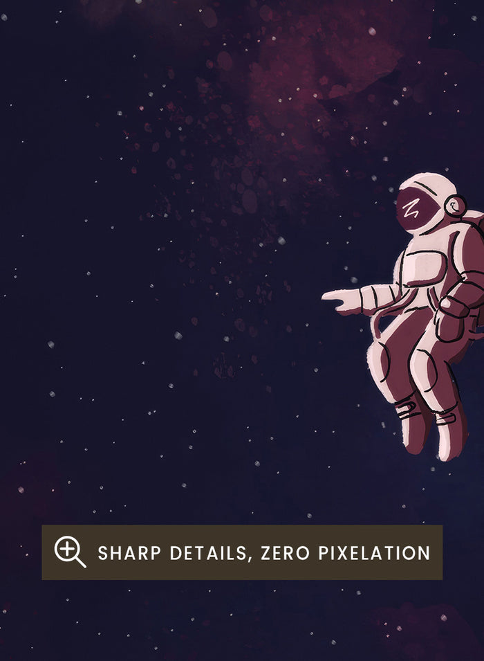 A framed art print featuring an astronaut floating in a starry outer space scene with deep purple, pink, and blue nebulae. The print has a white border with the text 'Did I leave the oven on?' Shop Astronaut In Deep Space by Jake Waldron, a minimalist space wall art print featuring a lone astronaut, starry ga