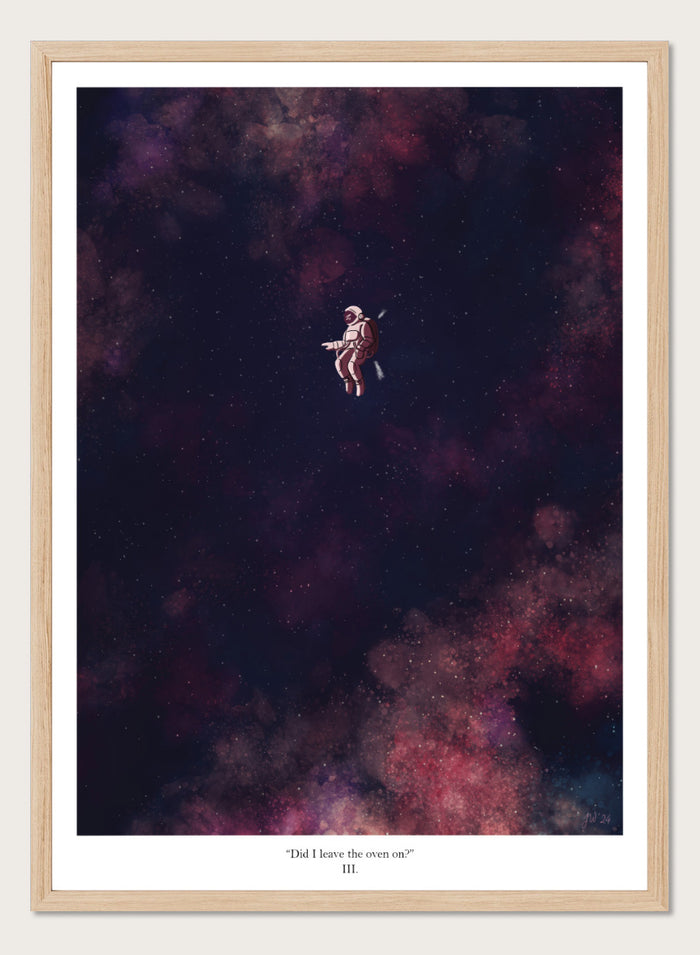 A framed art print featuring an astronaut floating in a starry outer space scene with deep purple, pink, and blue nebulae. The print has a white border with the text 'Did I leave the oven on?' Shop Astronaut In Deep Space by Jake Waldron, a minimalist space wall art print featuring a lone astronaut, starry ga