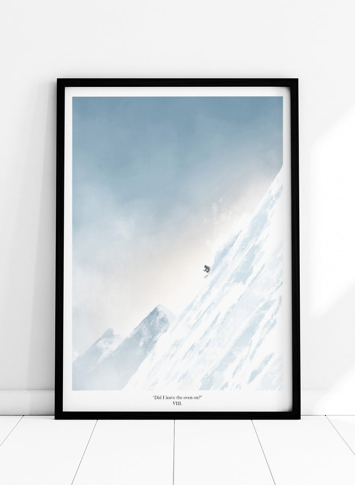 A framed art print featuring a minimalist illustration of a skier on a snowy mountain slope under a pale blue sky, with the text 'Did I leave the oven on?' at the bottom. Shop Extreme Mountain Skiing by Jake Waldron, a minimalist ski wall art print featuring alpine mountains, extreme skiing, and soft blue winter tones.