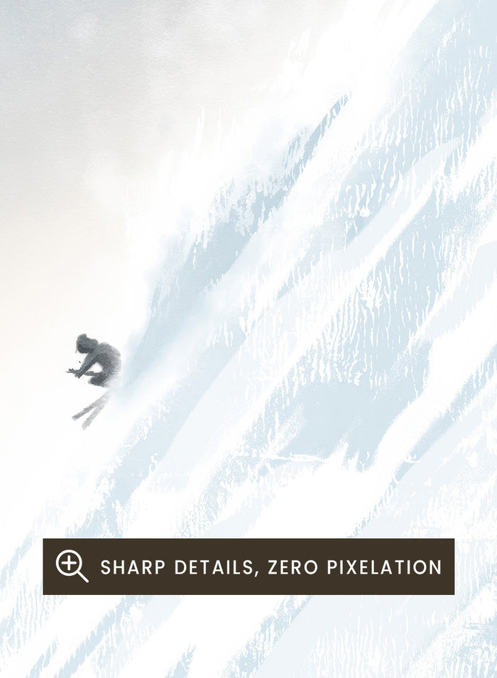 A framed art print featuring a minimalist illustration of a skier on a snowy mountain slope under a pale blue sky, with the text 'Did I leave the oven on?' at the bottom. Shop Extreme Mountain Skiing by Jake Waldron, a minimalist ski wall art print featuring alpine mountains, extreme skiing, and soft blue winter tones.