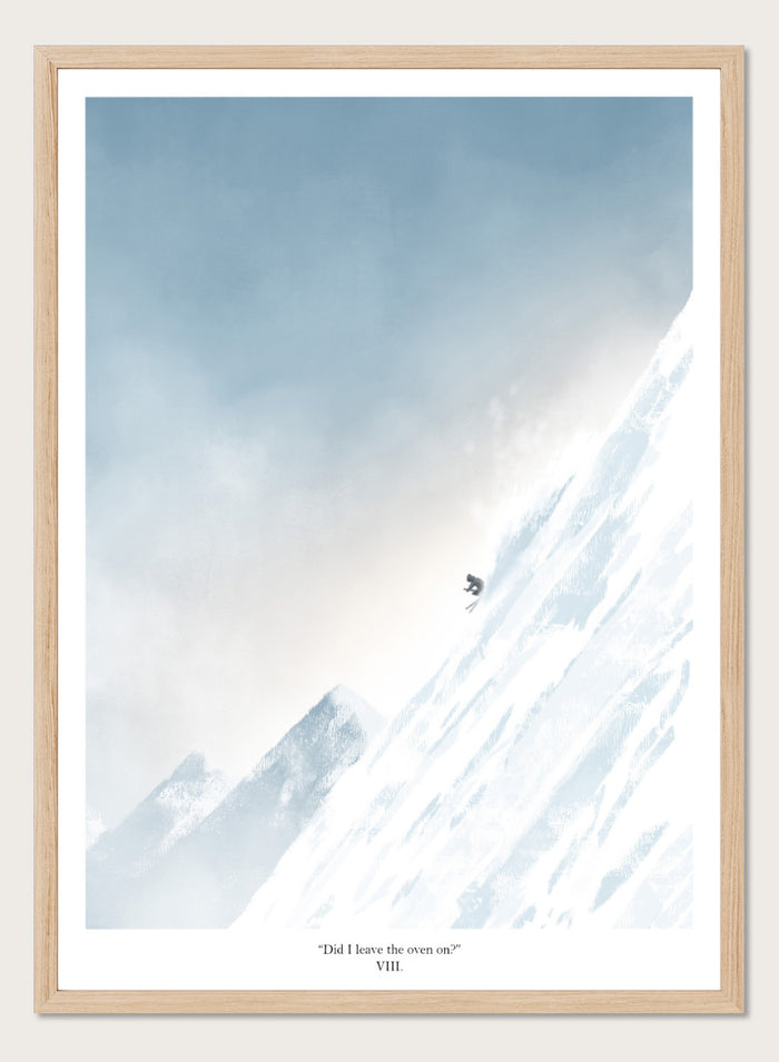 A framed art print featuring a minimalist illustration of a skier on a snowy mountain slope under a pale blue sky, with the text 'Did I leave the oven on?' at the bottom. Shop Extreme Mountain Skiing by Jake Waldron, a minimalist ski wall art print featuring alpine mountains, extreme skiing, and soft blue winter tones.