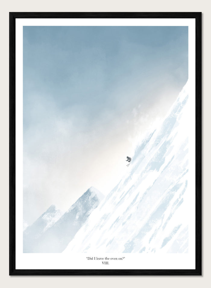 A framed art print featuring a minimalist illustration of a skier on a snowy mountain slope under a pale blue sky, with the text 'Did I leave the oven on?' at the bottom. Shop Extreme Mountain Skiing by Jake Waldron, a minimalist ski wall art print featuring alpine mountains, extreme skiing, and soft blue winter tones.