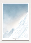 A framed art print featuring a minimalist illustration of a skier on a snowy mountain slope under a pale blue sky, with the text 'Did I leave the oven on?' at the bottom. Shop Extreme Mountain Skiing by Jake Waldron, a minimalist ski wall art print featuring alpine mountains, extreme skiing, and soft blue winter tones.