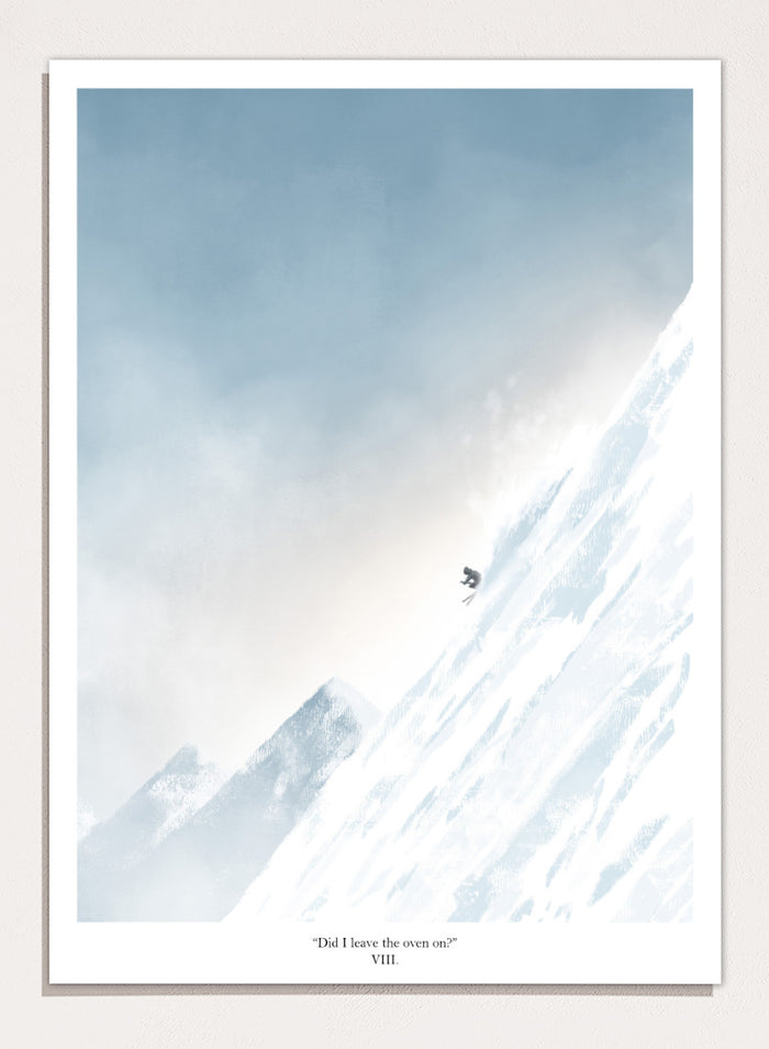 A framed art print featuring a minimalist illustration of a skier on a snowy mountain slope under a pale blue sky, with the text 'Did I leave the oven on?' at the bottom. Shop Extreme Mountain Skiing by Jake Waldron, a minimalist ski wall art print featuring alpine mountains, extreme skiing, and soft blue winter tones.