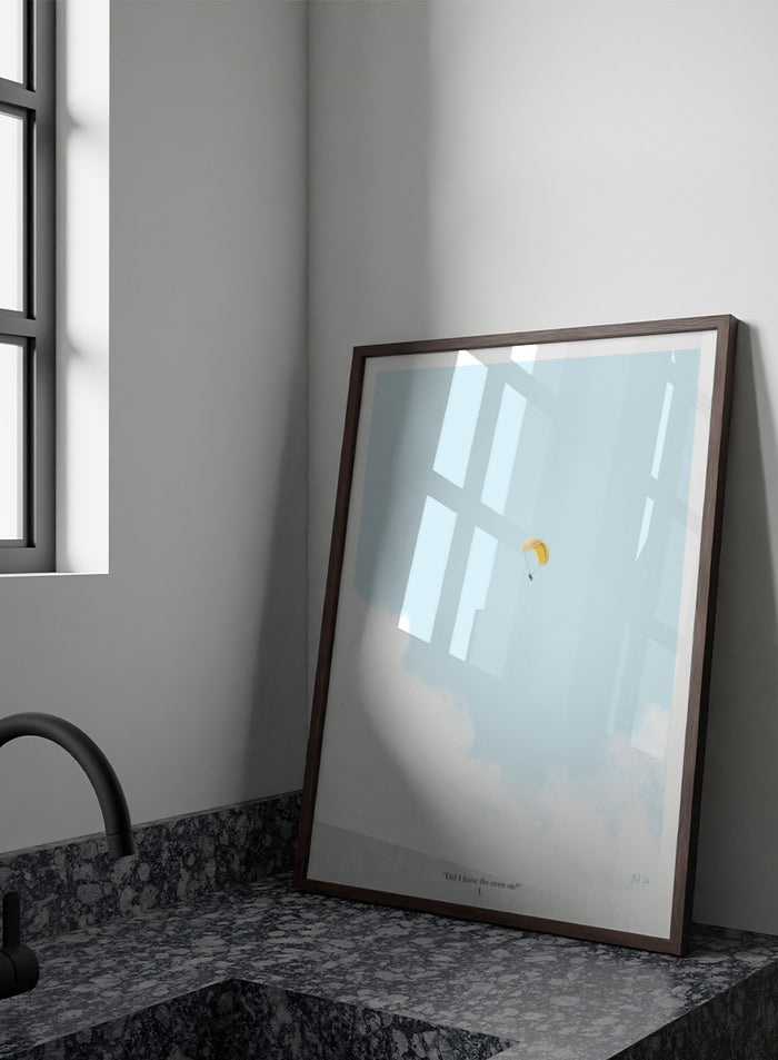 A minimalist art print featuring a light blue sky with white clouds and a small yellow-and-white parachute near the center, framed by a black border with the quote 'Did I leave the oven on?' at the bottom. Shop Paragliding Deep Thoughts by Jake Waldron, a minimalist paragliding wall art print featuring open sky, adventure humor, and soft blue and yellow tones.