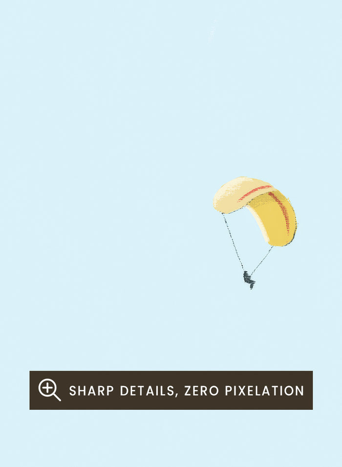 A minimalist art print featuring a light blue sky with white clouds and a small yellow-and-white parachute near the center, framed by a black border with the quote 'Did I leave the oven on?' at the bottom. Shop Paragliding Deep Thoughts by Jake Waldron, a minimalist paragliding wall art print featuring open sky, adventure humor, and soft blue and yellow tones.