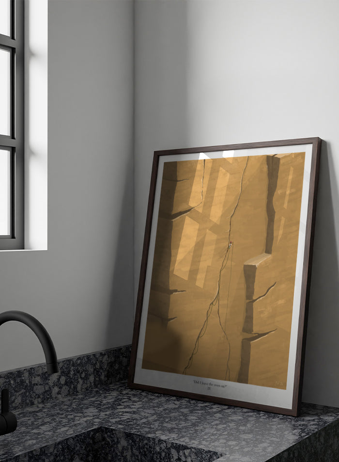 An art print featuring a minimalist illustration of a climber on a massive sandstone cliff, with the caption 'Did I leave the oven on?' at the bottom. Shop Solitary Cliff Ascent by Jake Waldron, a minimalist climbing wall art print featuring a lone rock climber, towering canyon walls, and warm sandstone tones.