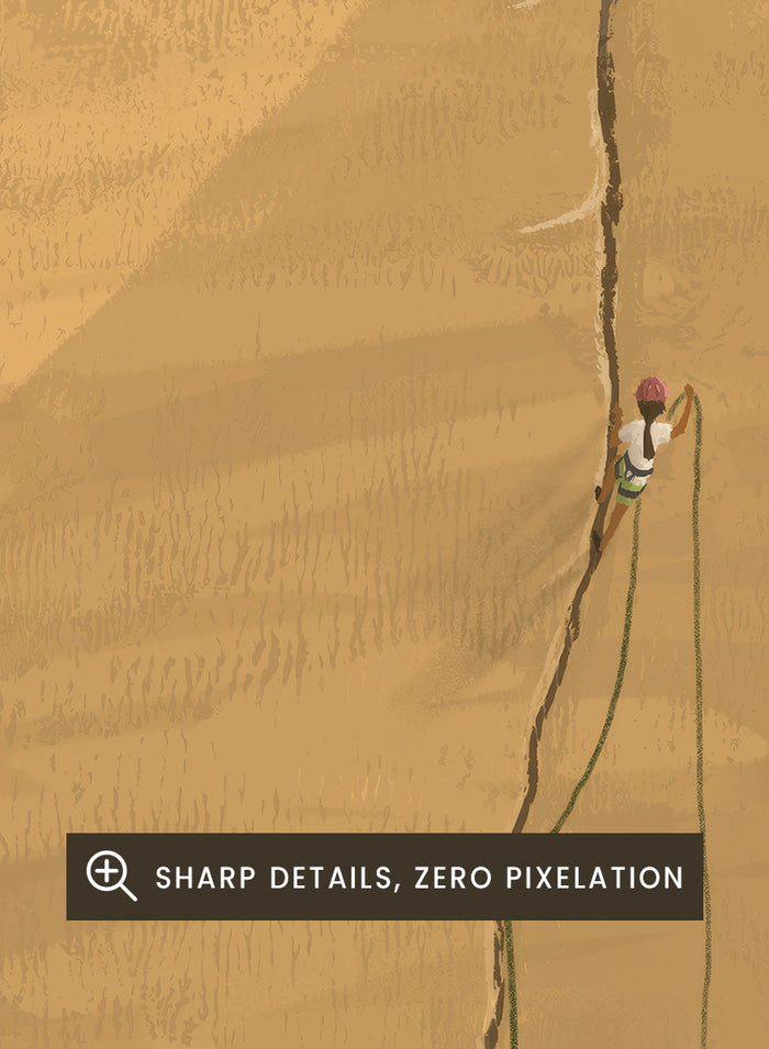 An art print featuring a minimalist illustration of a climber on a massive sandstone cliff, with the caption 'Did I leave the oven on?' at the bottom. Shop Solitary Cliff Ascent by Jake Waldron, a minimalist climbing wall art print featuring a lone rock climber, towering canyon walls, and warm sandstone tones.
